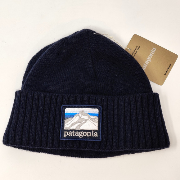 Patagonia Unisex Brodeo Beanie Line Logo Ridge Classic Navy Recycyled Wool NWT - Picture 5 of 8